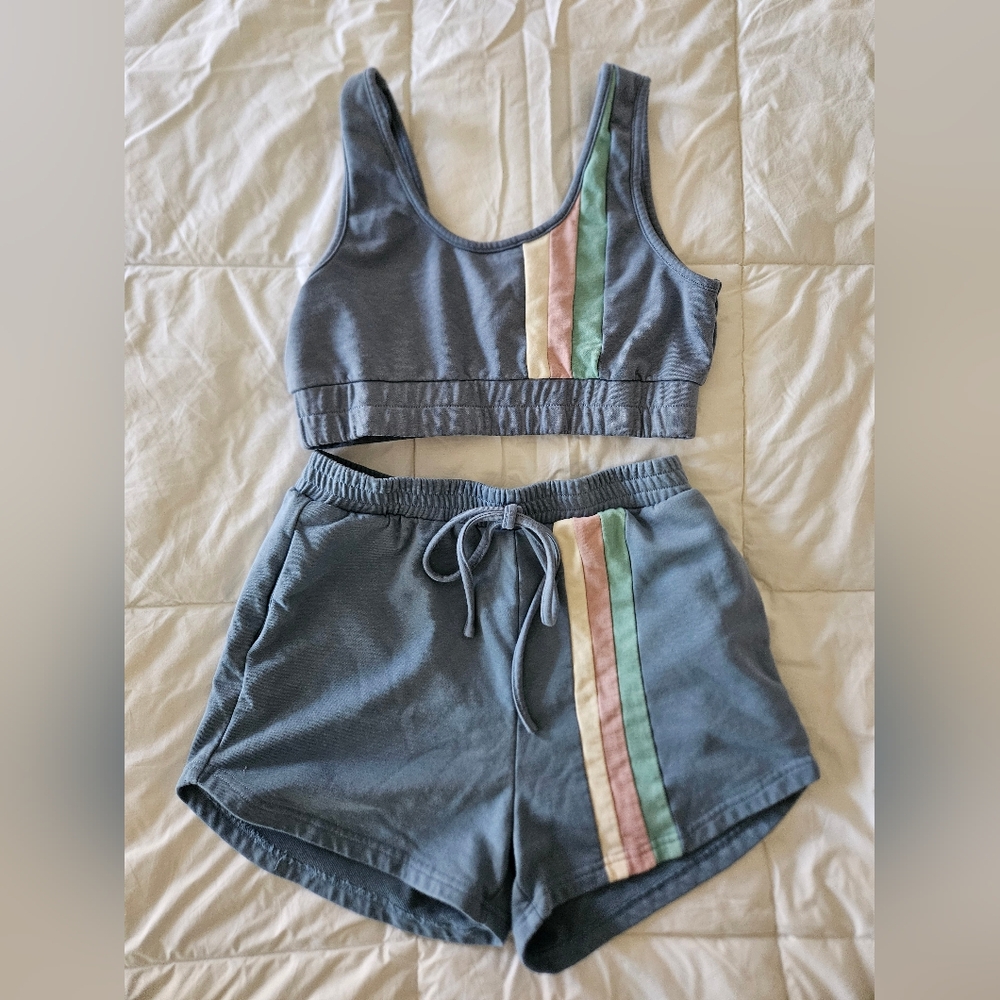 Trendy Blue Two-Piece Lounge Set with Stripes by Miss Sparkling Size:Large